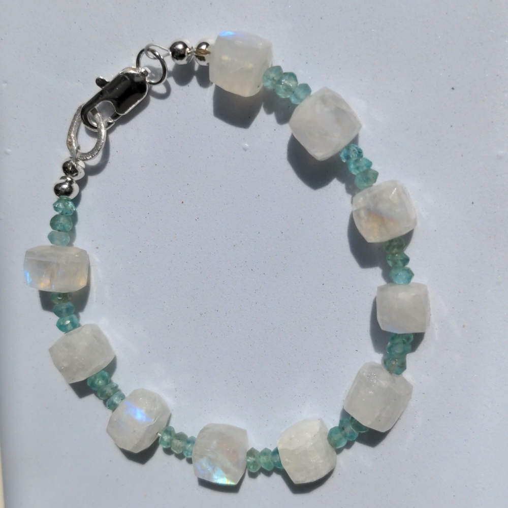 Moonstone & Apatite bracelet Silver filled & sterling 7 1/2" Genuine Glow